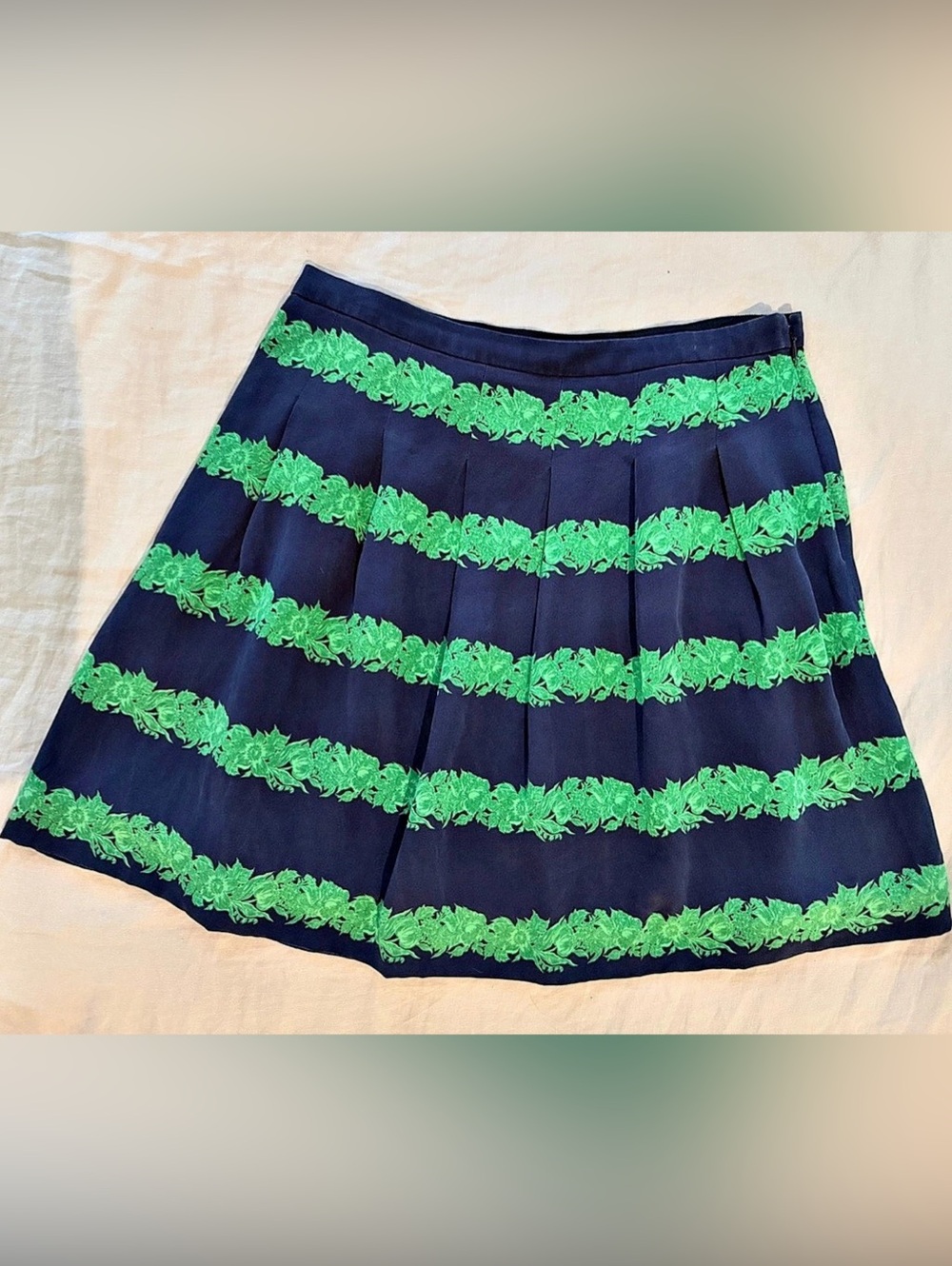 J.Crew Silk Pleated Mini Skirt in Navy Green Floral Stripe Blue & Green